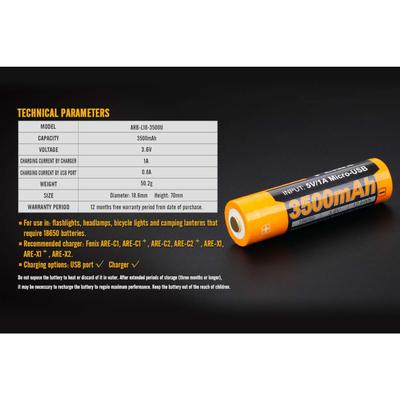 Fenix Rechargeable Battery 18650 (3.6V) 3500U mAh USB ARB-L18-3500U (QTY of 1)