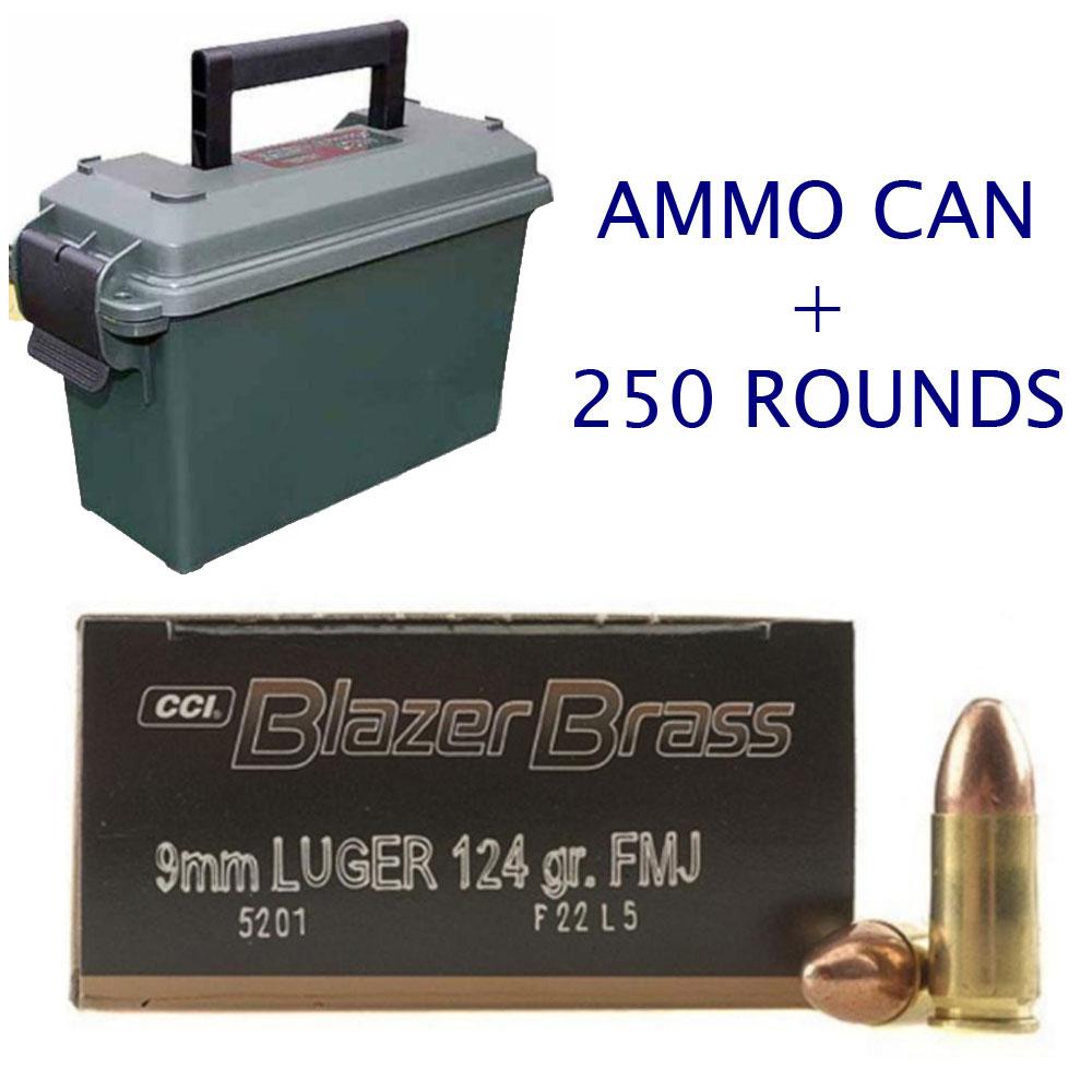  Combo : 250 Rounds Cci Blazer 9mm Fmj & Ammo Can
