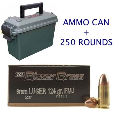 COMBO: 250 Rounds CCI Blazer 9mm FMJ & Ammo Can