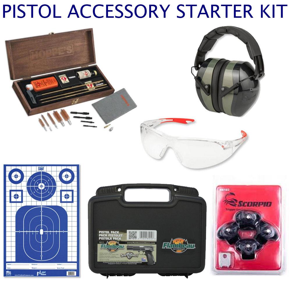  Custom : Pistol Accessory Starter Kit - Cleaning Kit, Eye & Ear Protection, Case, Targets, Locks