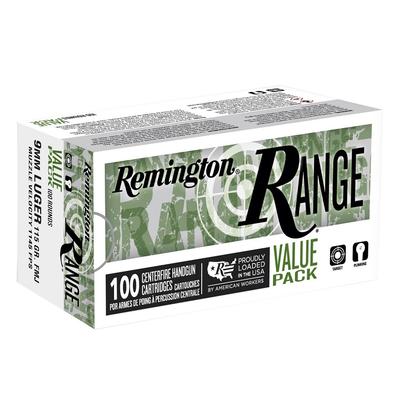 Remington 9mm Luger Ammunition T9MM3B 115 Grain Full Metal Jacket 100 Rounds