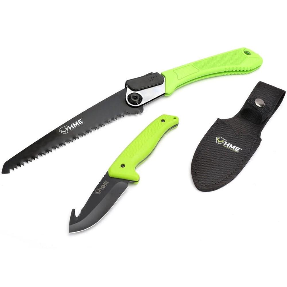  Hme Folding Saw And Fixed Blade Gut Hook Combo, 420hc Black Blade Green Tpr Rubber Handle Nylon Sheath