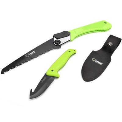 HME Folding Saw and Fixed Blade Gut Hook Combo, 420HC Black Blade Green TPR Rubber Handle Nylon Sheath