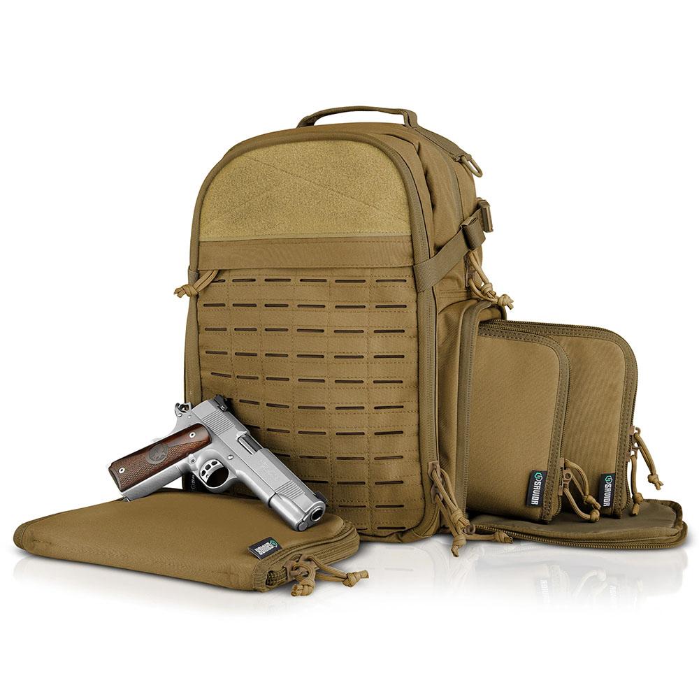  Savior Equipment S.E.M.A.compact Mobile Arsenal Backpack W/3x Lockable Pistol Cases Tan