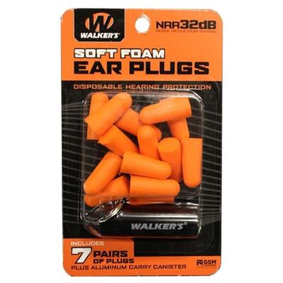 WALKER'S 7 PAIRS ORANGE FOAM PLUG W/ BLK ALUMINUM CARRY CANISTER