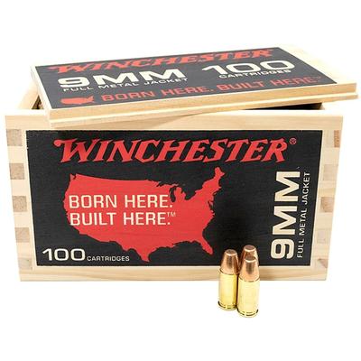 Winchester USA 9mm Ammo 115 Grain FMJ in Wooden Box, 100 Rounds