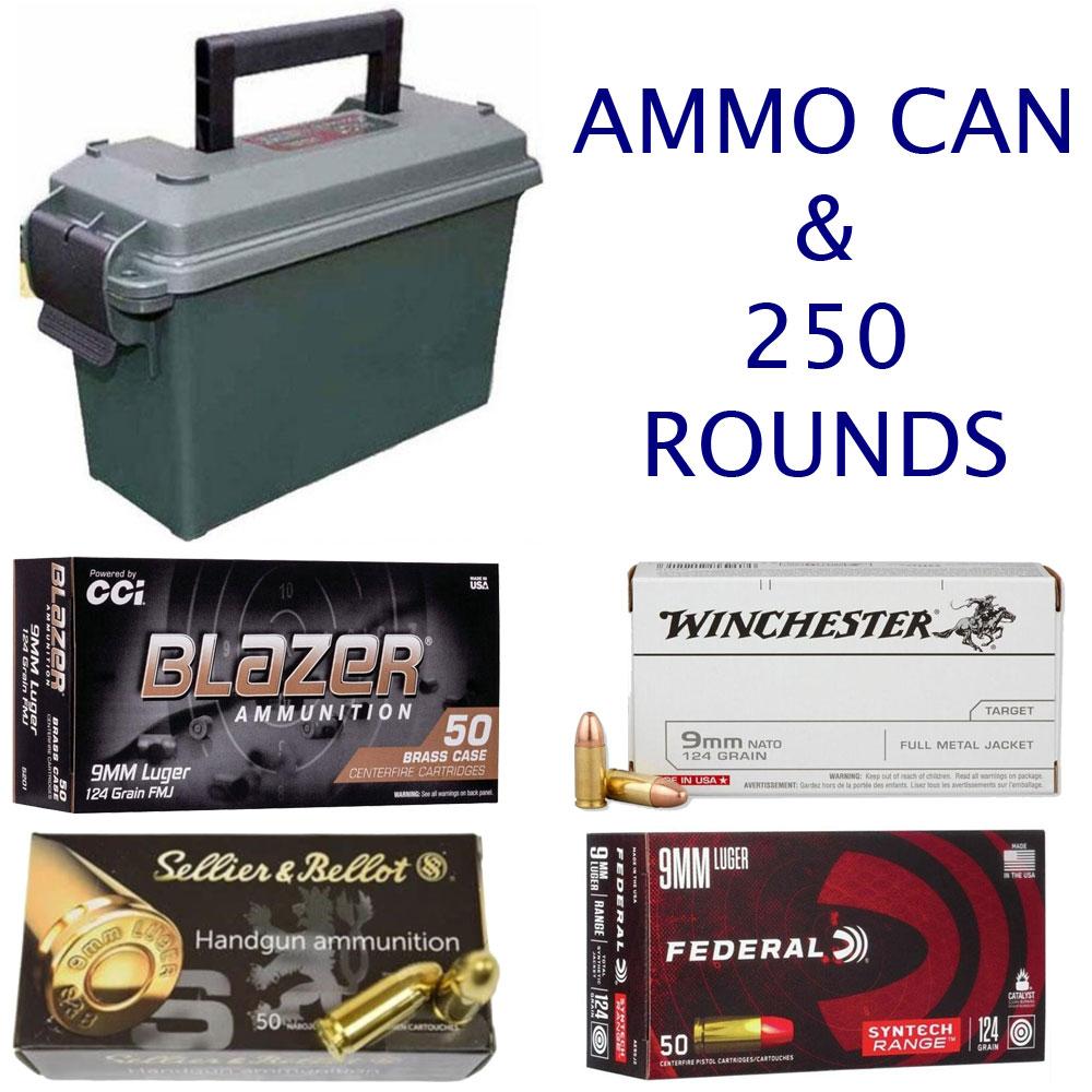  Combo : 250 Rounds Of 9mm Ammo & Mtm Storage Can