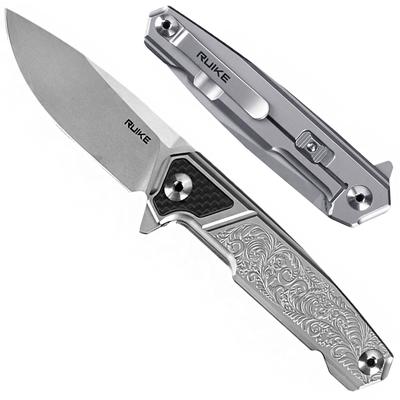 Ruike P875 Honeysuckle Engraved 14C28N Sandvik FrameLock Pocket Knife with Beta Plus Lock & Ball Bearing Pivot