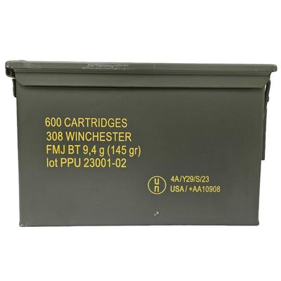 Prvi PPU Ammunition, 308 Win., 145 Grain, FMJ BT - Can of 600 Rounds