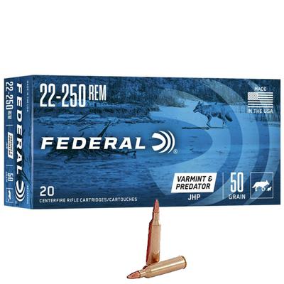 Federal American Eagle Varmint & Predator Ammo 22-250 Rem, 50 Grain, JHP - Box of 20, AE22250G
