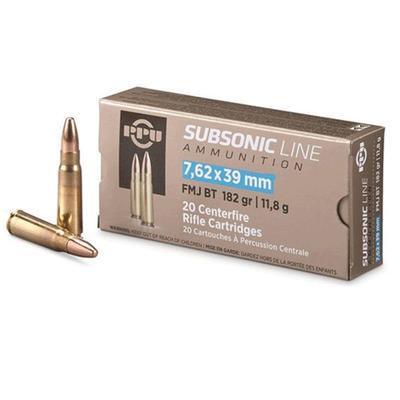 Prvi Partizan PPU Ammo 7.62x39 Subsonic, 182 Grains, FMJ - Box of 20, PPS76239