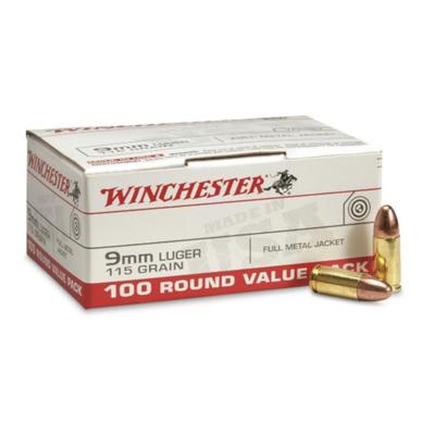 Winchester USA Ammo 9mm 115gr FMJ USA9MMVP  - Box of 100